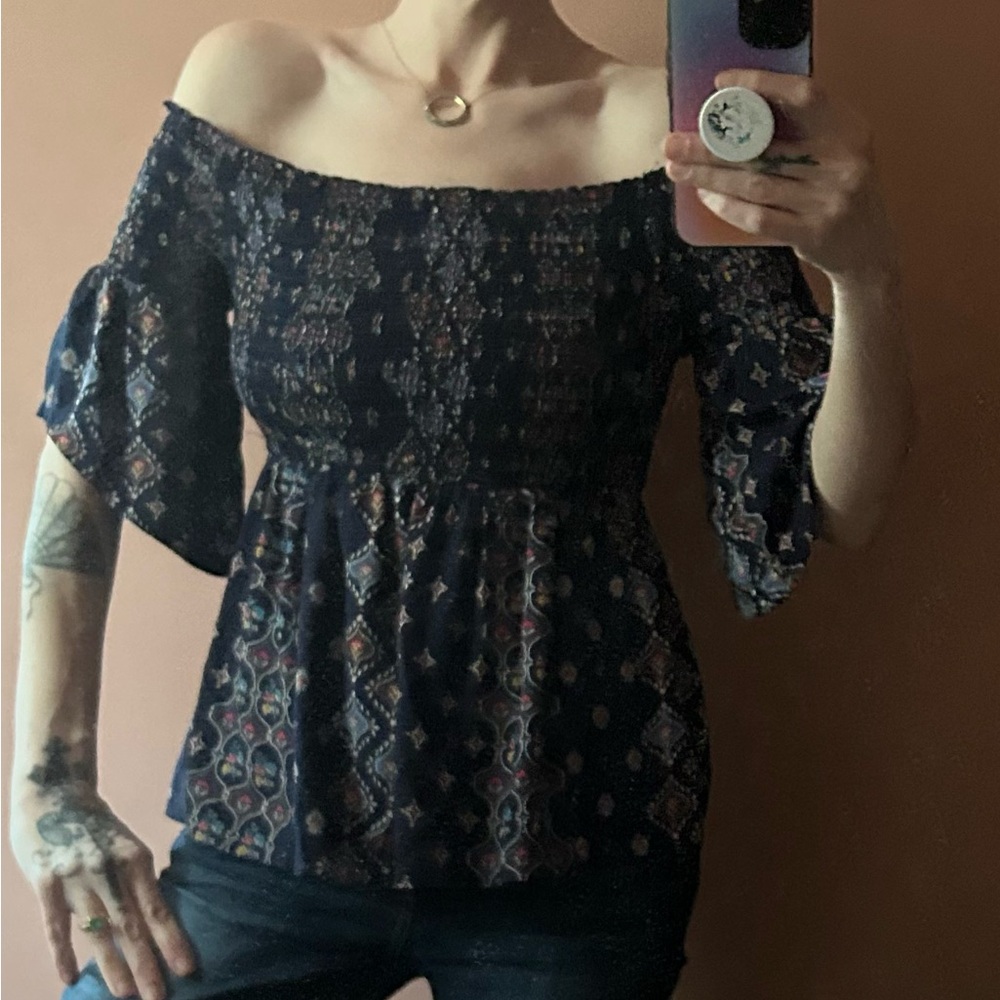 Boho Off-Shoulder Top - Navy